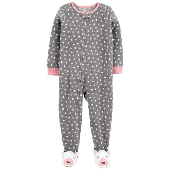 Toddler Girl Carter's Polka Dot Fleece Footed Pajamas pink gray pjs 12 months - Picture 1 of 5